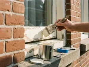 Schilder brengt witte verf aan op verweerd houten kozijn van Nederlands bakstenen huis, verfblik en schilderstape op vensterbank.