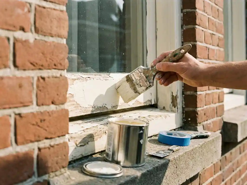 Schilder brengt witte verf aan op verweerd houten kozijn van Nederlands bakstenen huis, verfblik en schilderstape op vensterbank.