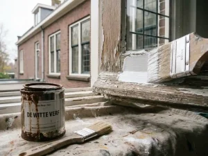 Schilder die witte verf aanbrengt op een verweerd houten kozijn, verfblik en kwast op een beschermingsdoek, Nederlandse bakstenen gevel op de achtergrond.