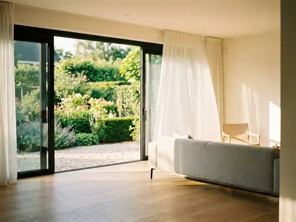 Wijd open schuifpui met uitzicht op een weelderige Nederlandse tuin, warm middaglicht valt binnen op lichte eiken vloer in moderne woonkamer.