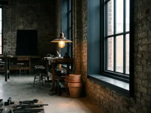 Stalen raam met matte zwarte afwerking in bakstenen muur, industriële hanglamp met warm amberkleurig licht en betonnen vloer op de achtergrond.
