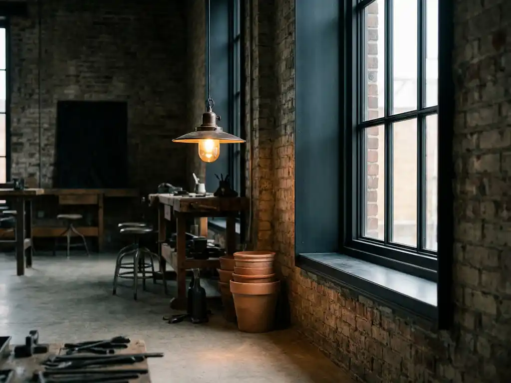 Stalen raam met matte zwarte afwerking in bakstenen muur, industriële hanglamp met warm amberkleurig licht en betonnen vloer op de achtergrond.