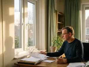 Huiseigenaar bekijkt subsidiedocumenten naast nieuw geïnstalleerd wit uPVC-raamkozijn met dubbelglas in zonlicht.