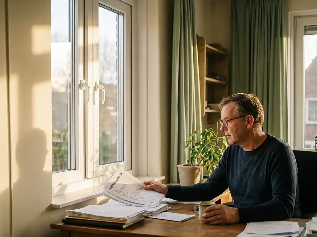 Huiseigenaar bekijkt subsidiedocumenten naast nieuw geïnstalleerd wit uPVC-raamkozijn met dubbelglas in zonlicht.