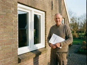 Huiseigenaar houdt subsidiedocumenten vast bij nieuw geplaatst wit kunststof kozijn op traditionele Friese bakstenen gevel.
