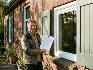 Huiseigenaar in Marknesse houdt subsidiedocumenten vast naast nieuw geplaatst wit kunststof kozijn in traditionele rode bakstenen gevel.