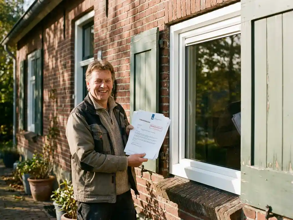 Huiseigenaar in Marknesse houdt subsidiedocumenten vast naast nieuw geplaatst wit kunststof kozijn in traditionele rode bakstenen gevel.