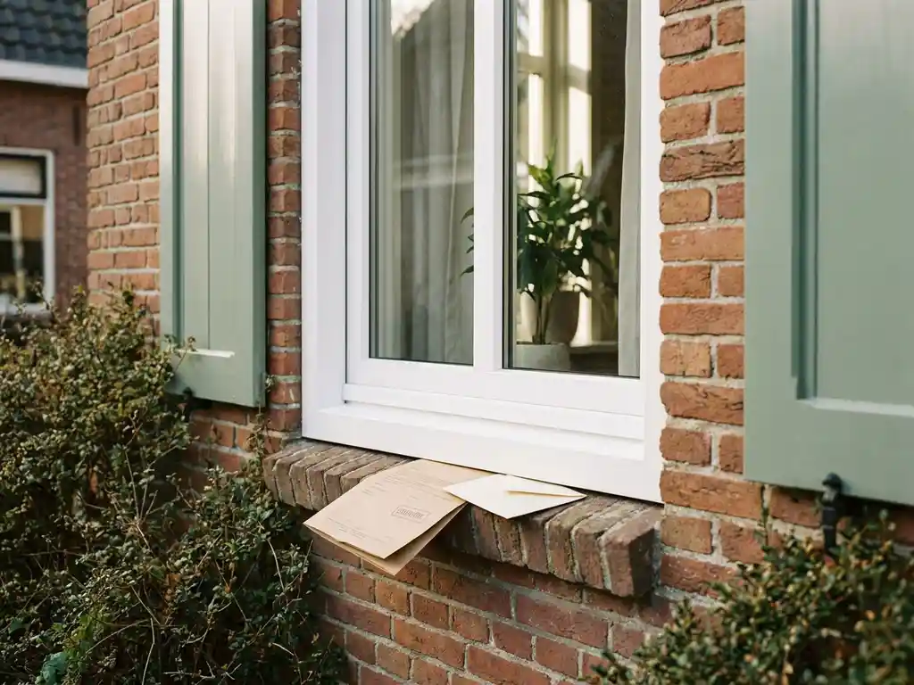 Wit PVC-kozijn in traditionele Friese bakstenen gevel met subsidiedocument op de vensterbank, verlicht door natuurlijk daglicht.