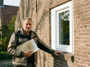 Nederlander houdt subsidiedocumenten vast bij nieuw geïnstalleerde witte PVC-kozijnen op traditionele Friese bakstenen gevel.