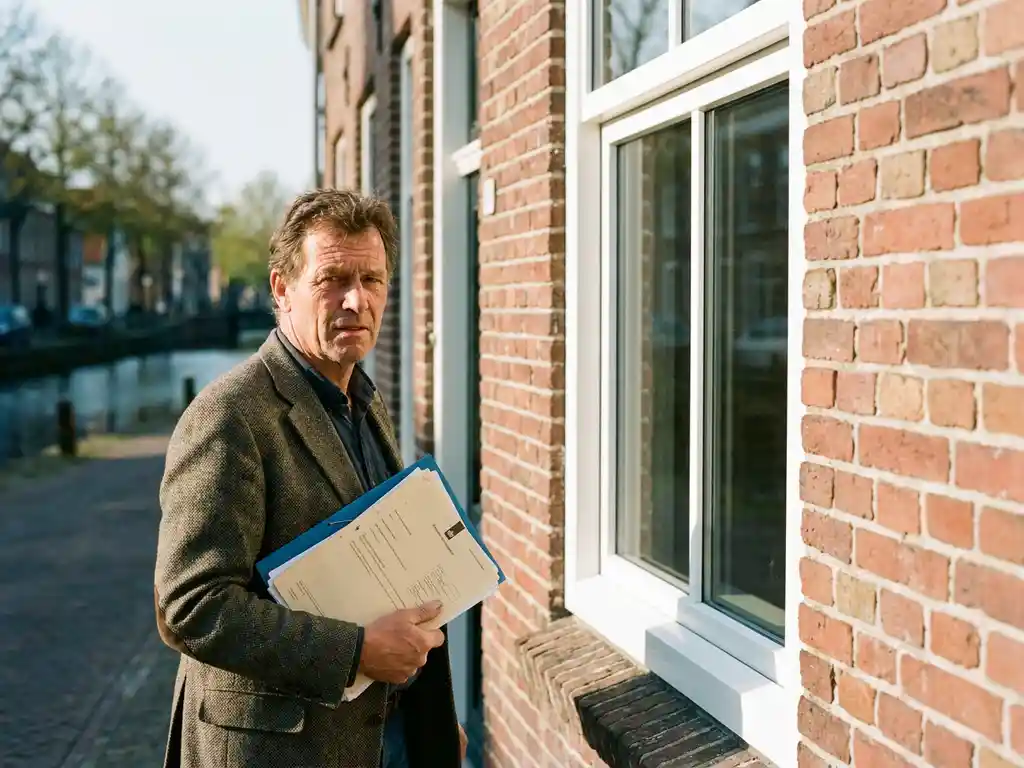Huiseigenaar houdt subsidiedocumenten vast naast nieuw geplaatst wit PVC-raamkozijn op traditionele Friese grachtenpand.
