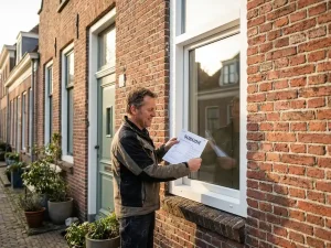 Huiseigenaar houdt subsidiedocument vast bij nieuw geplaatst wit PVC-kozijn in bakstenen Friese gevel, zacht middaglicht.