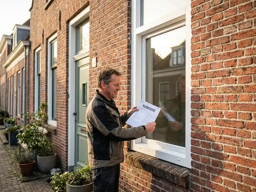 Huiseigenaar houdt subsidiedocument vast bij nieuw geplaatst wit PVC-kozijn in bakstenen Friese gevel, zacht middaglicht.