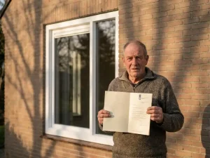 Nederlander met subsidiedocument voor nieuw wit PVC-kozijn in traditionele Friese bakstenen gevel, warm middagzonlicht.