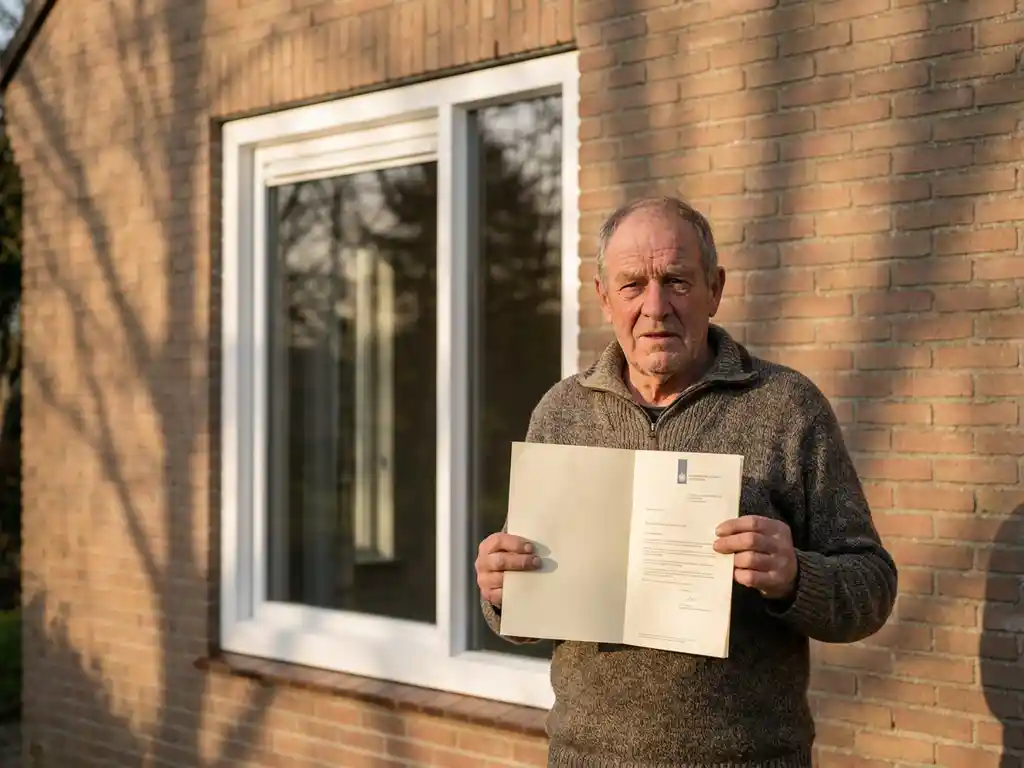 Nederlander met subsidiedocument voor nieuw wit PVC-kozijn in traditionele Friese bakstenen gevel, warm middagzonlicht.