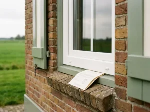 Nieuw wit PVC-kozijn in een Friese bakstenen gevel met een subsidiedocument op de vensterbank en groene weide op de achtergrond.