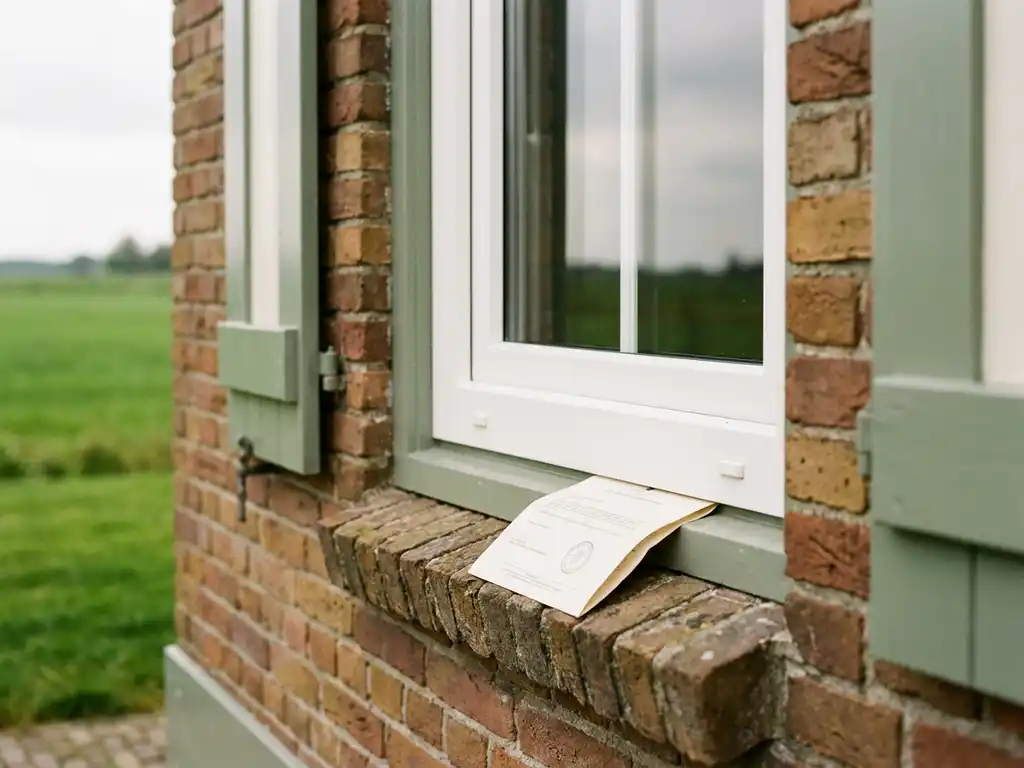 Nieuw wit PVC-kozijn in een Friese bakstenen gevel met een subsidiedocument op de vensterbank en groene weide op de achtergrond.
