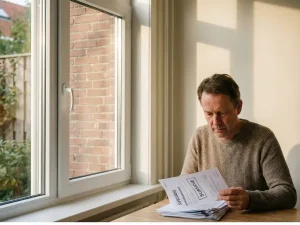 Nederlander bekijkt subsidiedocumenten naast nieuw geïnstalleerd wit PVC-raam met energiezuinig dubbelglas en Friese bakstenen gevel.