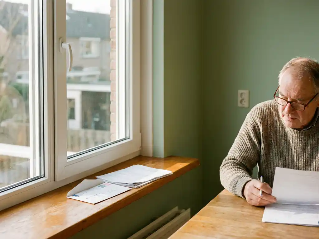 Nederlander bekijkt subsidiedocumenten naast nieuw geïnstalleerd wit PVC-raam met warm middaglicht op houten vensterbank.