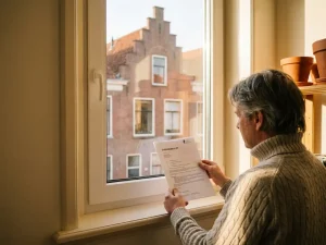 Nederlander bekijkt subsidiedocumenten naast nieuw geïnstalleerd wit PVC-raamkozijn met Friese bakstenen gevel op achtergrond.
