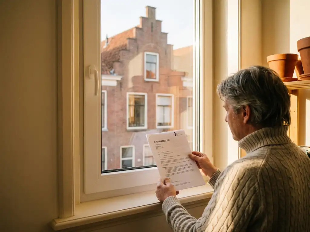 Nederlander bekijkt subsidiedocumenten naast nieuw geïnstalleerd wit PVC-raamkozijn met Friese bakstenen gevel op achtergrond.