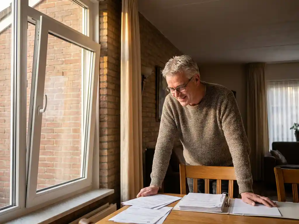 Nederlander bekijkt subsidiedocumenten naast nieuw geplaatst wit PVC-raamkozijn met energiezuinig dubbelglas in Friese bakstenen woning.