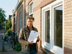 Huiseigenaar in Joure houdt subsidiedocumenten vast naast nieuw geplaatst wit PVC-raam in bakstenen gevel, warme middagzon.
