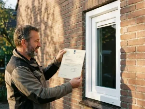 Huiseigenaar in Meppel houdt subsidiedocument vast bij nieuw geïnstalleerd wit PVC-raam in bakstenen gevel.