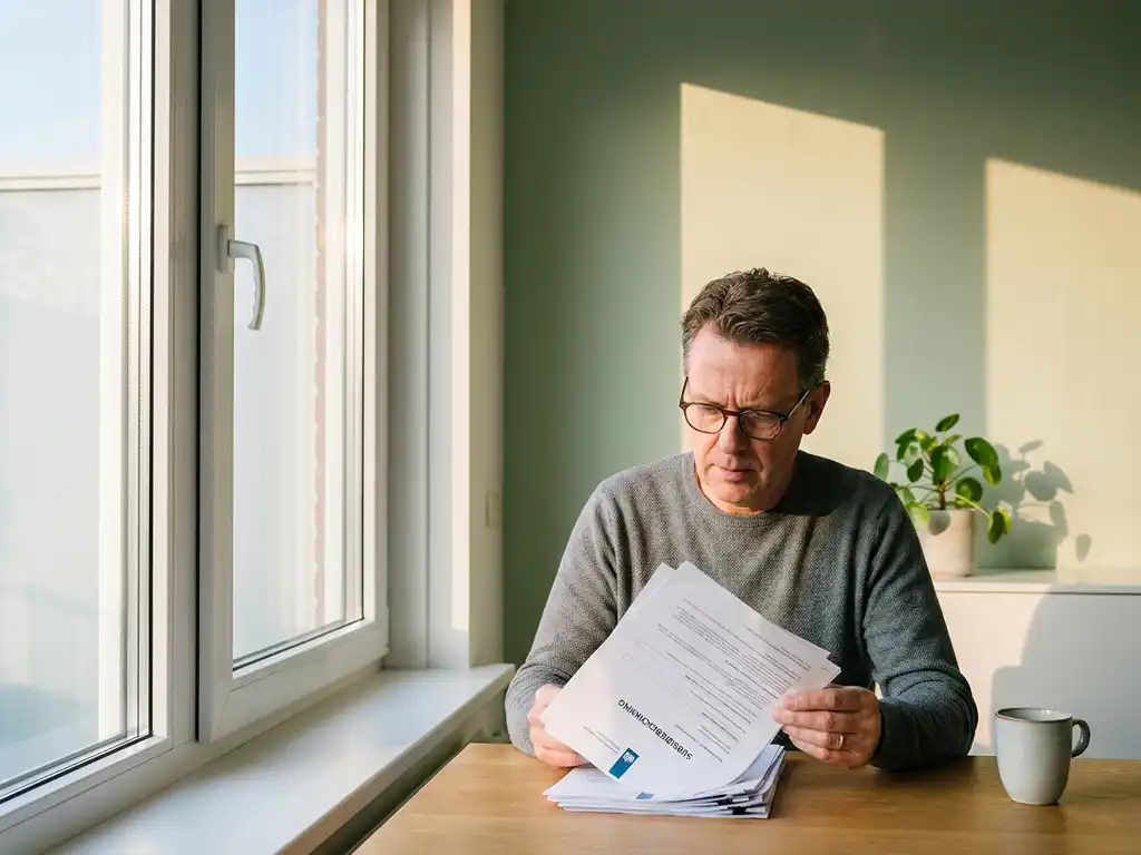 Nederlander bekijkt subsidiedocument naast nieuw geïnstalleerd wit PVC-raam met energiezuinig dubbelglas in modern interieur.