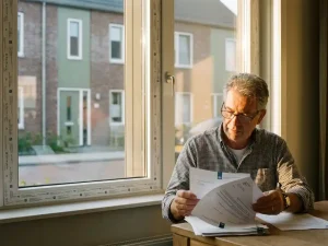 Huiseigenaar bekijkt subsidiedocumenten naast nieuw geïnstalleerd wit PVC-raamkozijn met dubbelglas in Nederlandse woning.