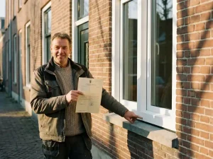 Huiseigenaar houdt subsidiedocument vast bij nieuw geïnstalleerd wit PVC-raam op traditionele Nederlandse bakstenen gevel.