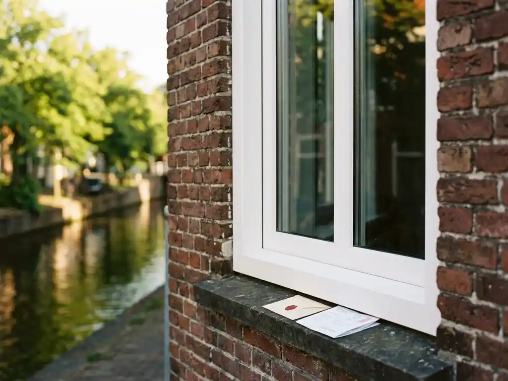 Wit PVC-kozijn in traditionele rode bakstenen gevel in Leeuwarden, met subsidiedocument op de vensterbank en groene bomen langs de gracht op de achtergrond.