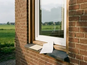 Nieuw wit PVC-raamkozijn op bakstenen gevel in Stiens met subsidiedocument op de vensterbank, Friese weilanden op achtergrond.