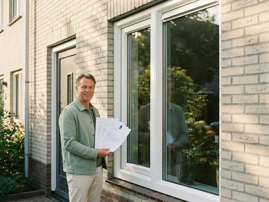 Huiseigenaar met subsidiedocumenten naast nieuw geplaatst wit PVC-kozijn op moderne woning in Almere, warme middagzon.