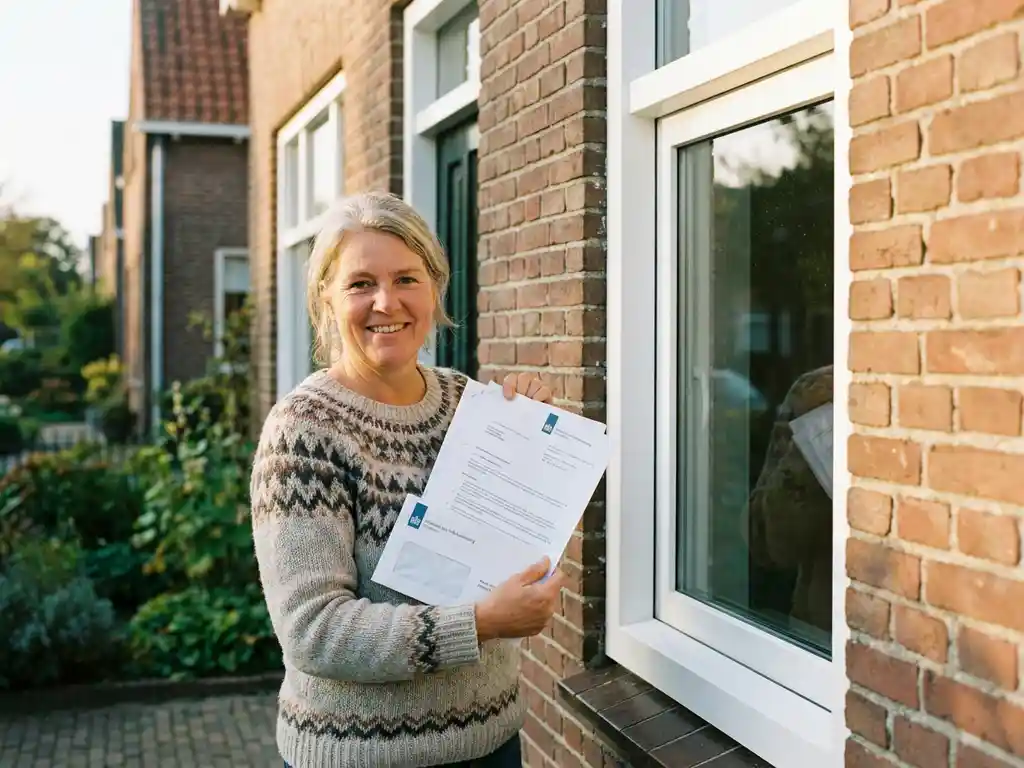 Nederlandse huiseigenaar met subsidiedocumenten naast nieuw geplaatst wit PVC-raamkozijn op Friese bakstenen gevel in middagzon.