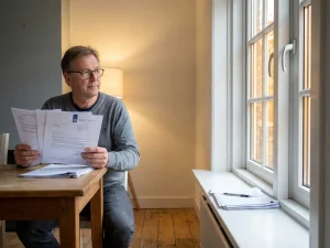 Nederlander bekijkt subsidiedocumenten naast nieuw geplaatst wit PVC-raam met energiezuinig dubbel glas en houten vloer.