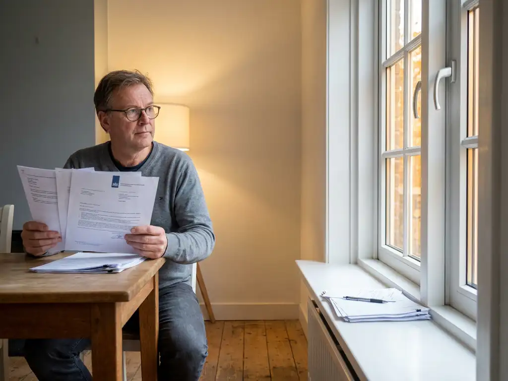 Nederlander bekijkt subsidiedocumenten naast nieuw geplaatst wit PVC-raam met energiezuinig dubbel glas en houten vloer.