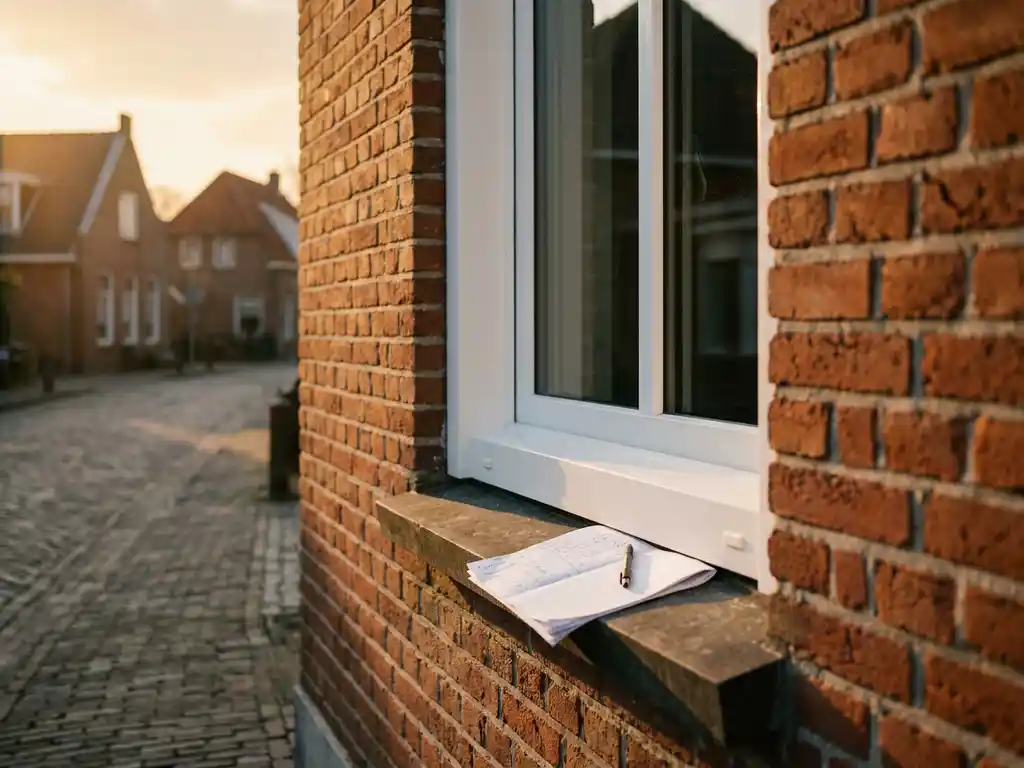 Nieuw wit uPVC-kozijn in traditionele Friese bakstenen gevel met subsidiedocument en pen op de vensterbank in middagzon.