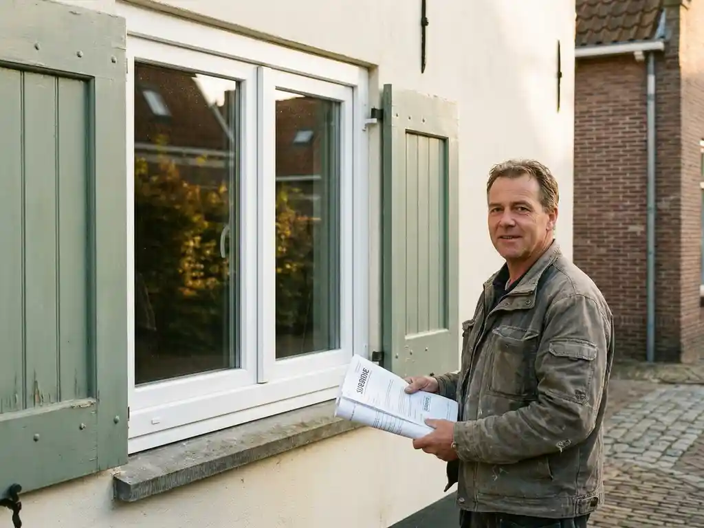Huiseigenaar in Enkhuizen houdt subsidiedocumenten vast bij nieuw geplaatst wit uPVC-raamkozijn op gevel met salie groene luiken.