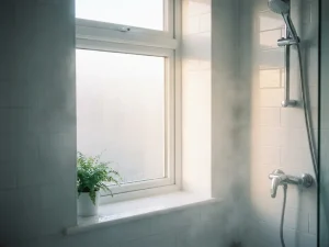Witte uPVC raamkozijn in moderne badkamer met matglas, metrotegels en chromen kranen, waterdruppels op de vensterbank in ochtendlicht.