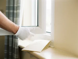Gehandschoende hand inspecteert wit uPVC raamkozijn met garantiecertificaat op de vensterbank, natuurlijk daglicht door dubbel glas.