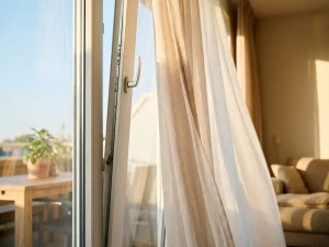 Licht geopend wit uPVC raamkozijn met kantel-draaimecanisme, doorzichtige linnen gordijnen bewegen zachtjes in een zonnige Nederlandse woonkamer.