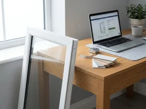 Wit uPVC raamkozijn naast laptop met productconfigurator, meetlint en materiaalkeuzes op modern bureau in thuiskantoor.