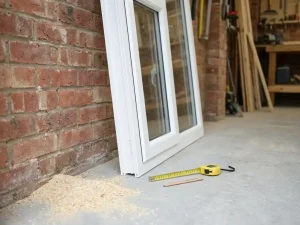 Wit uPVC-raamkozijn tegen bakstenen muur in werkplaats, met meetlint en potlood op betonvloer.