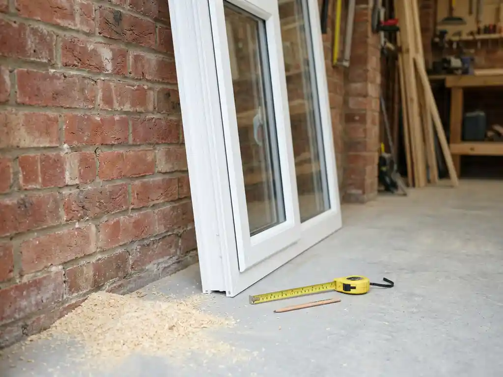 Wit uPVC-raamkozijn tegen bakstenen muur in werkplaats, met meetlint en potlood op betonvloer.