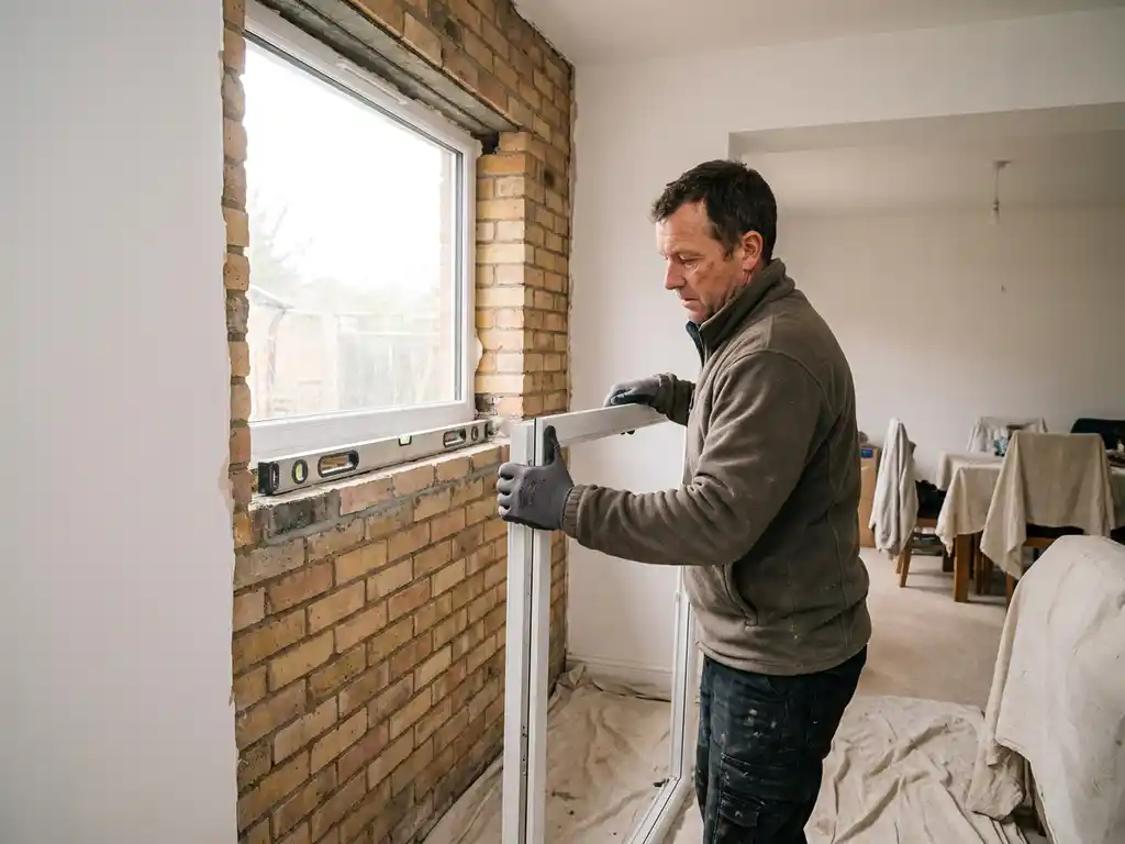 Installateur plaatst wit uPVC kozijn in bakstenen muuropening, beschermende stofzeilen op de vloer, natuurlijk daglicht door het raam.