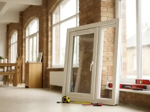 Wit uPVC raamkozijn tegen bakstenen muur in showroom, met meetlint en installatiegereedschap op de vensterbank.