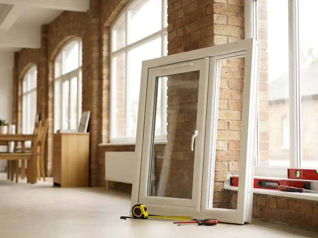 Wit uPVC raamkozijn tegen bakstenen muur in showroom, met meetlint en installatiegereedschap op de vensterbank.