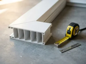 Dwarsdoorsnede van wit uPVC raamkozijn met zeven holle kamers, naast meetlint en stalen versterkingsprofiel op betonnen ondergrond.