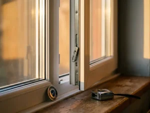 Wit uPVC raamkozijn met meerpuntsluiting, veiligheidskeurmerk en meetlint op de vensterbank in warm middaglicht.