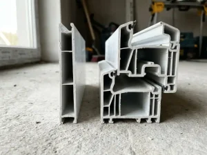Dwarsdoorsnede van twee witte uPVC kozijnprofielen naast elkaar op betonnen ondergrond, interne kamers zichtbaar.